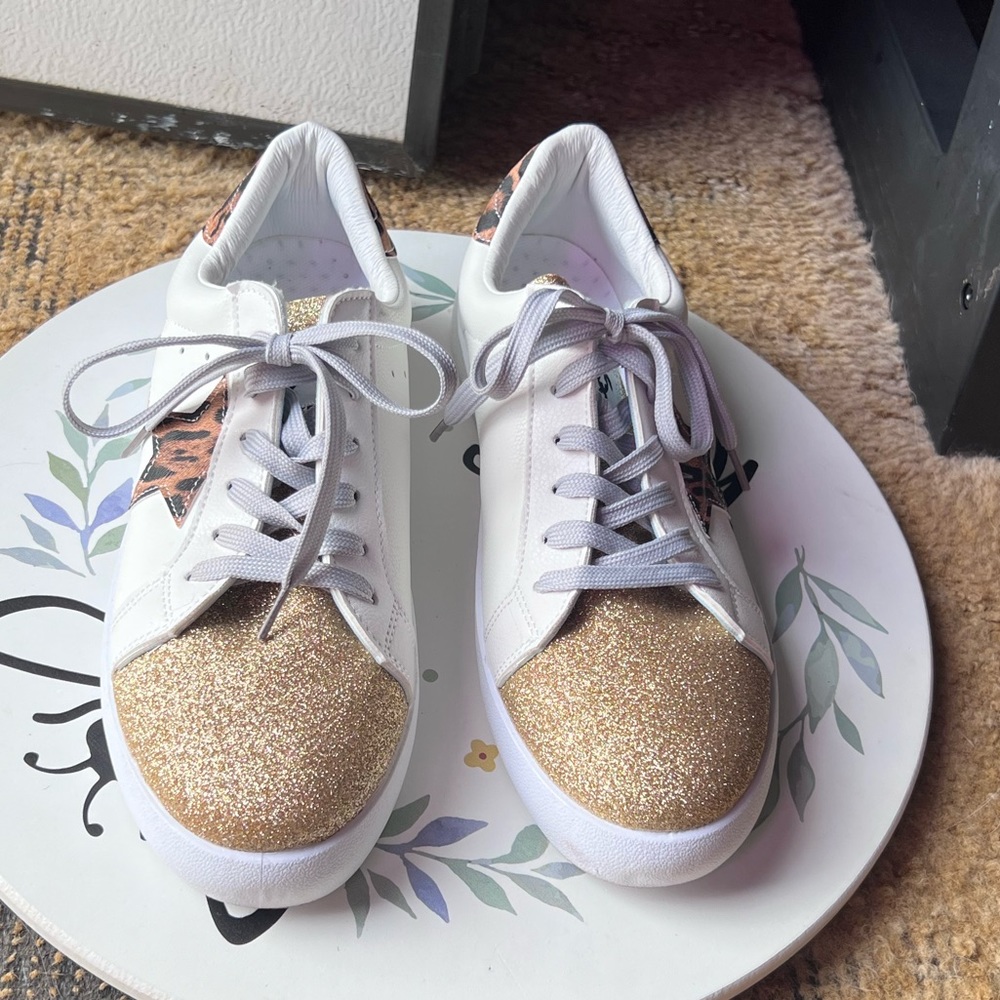 Simply Southern White Sneakers with Gold Glitter Toes and Leopard Accent